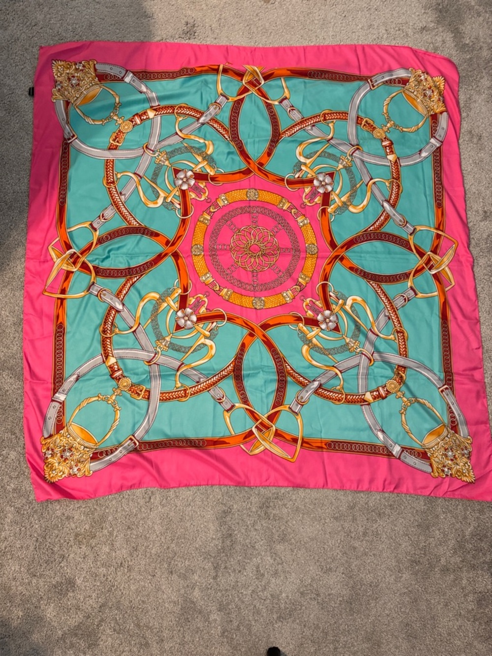Silky Printed Square Scarf in Pink & Teal
